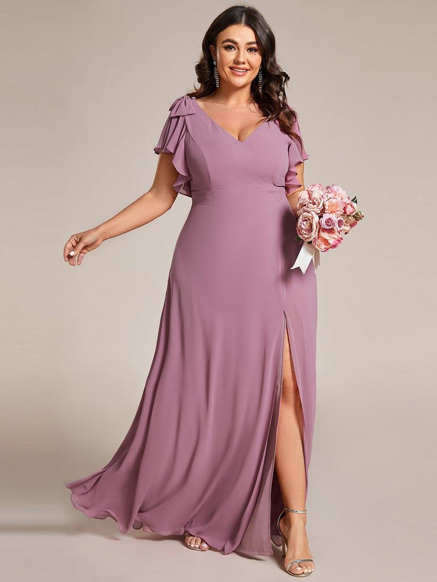 V-Neck Elegant Burgundy Chiffon Bridesmaid Dress with Slit