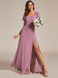 V-Neck Elegant Burgundy Chiffon Bridesmaid Dress with Slit