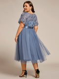Plus Size Round Neck Sequin Applique Midi Bridesmaid Dress