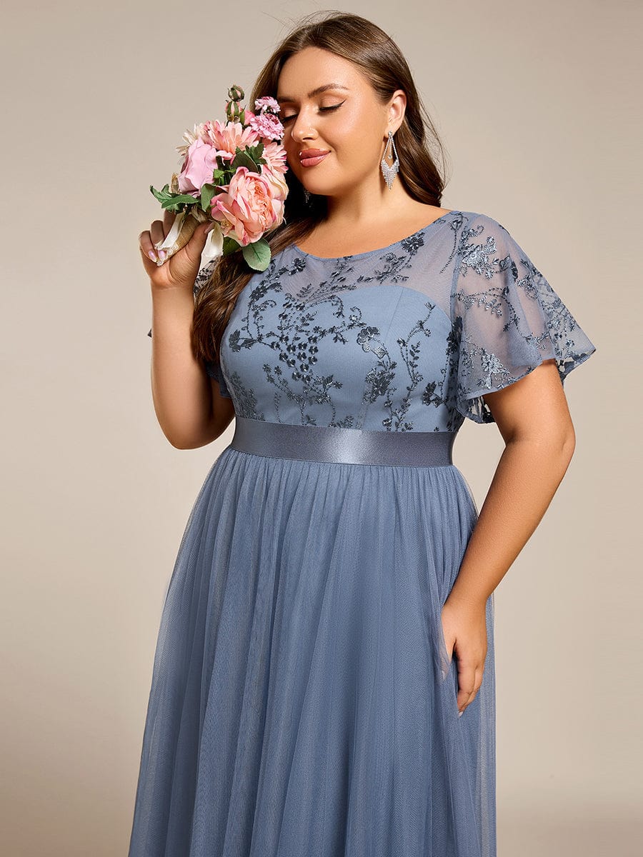 Plus Size Round Neck Sequin Applique Midi Bridesmaid Dress