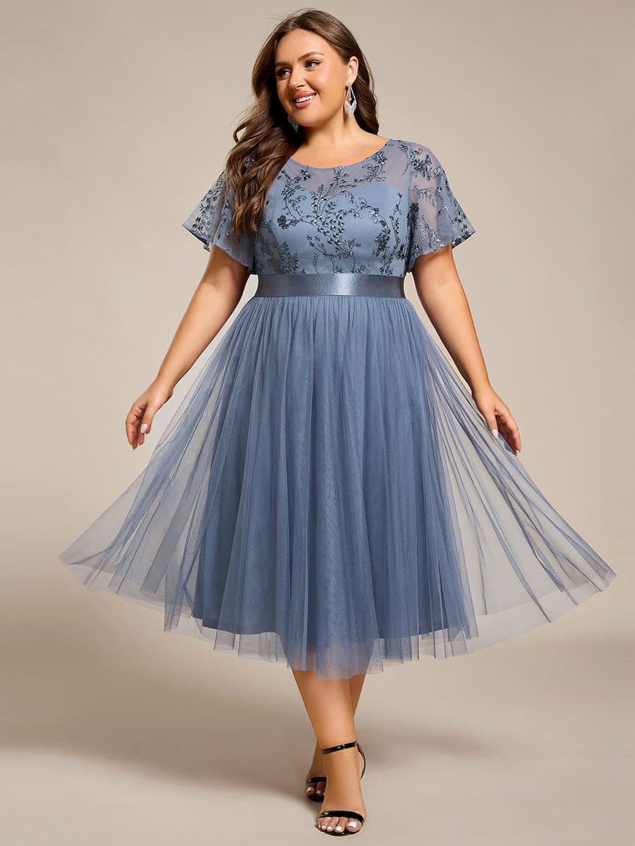 Plus Size Round Neck Sequin Applique Midi Bridesmaid Dress