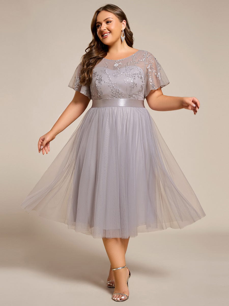 Crew Neck Sequin Applique Midi Bridesmaid Dress with Sleeves