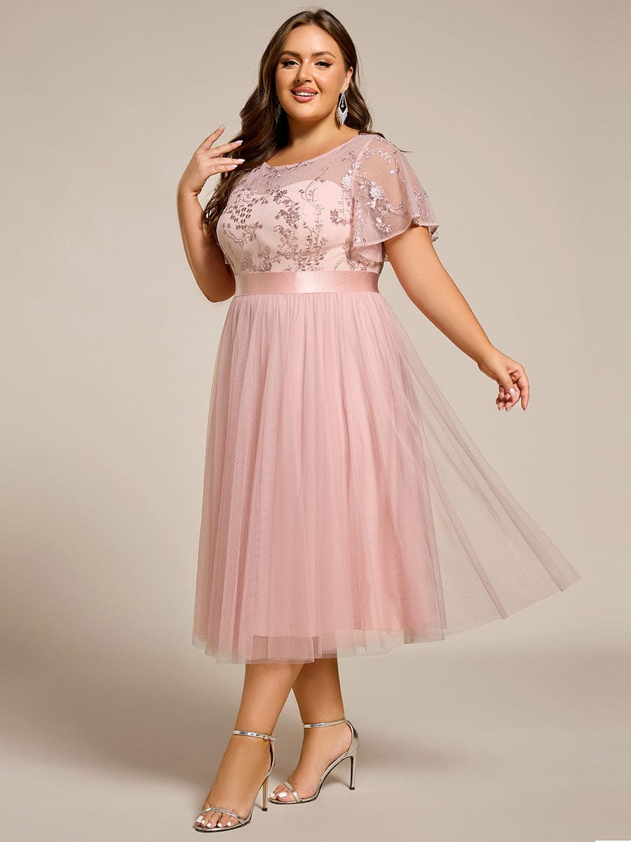 Crew Neck Sequin Applique Midi Bridesmaid Dress with Sleeves
