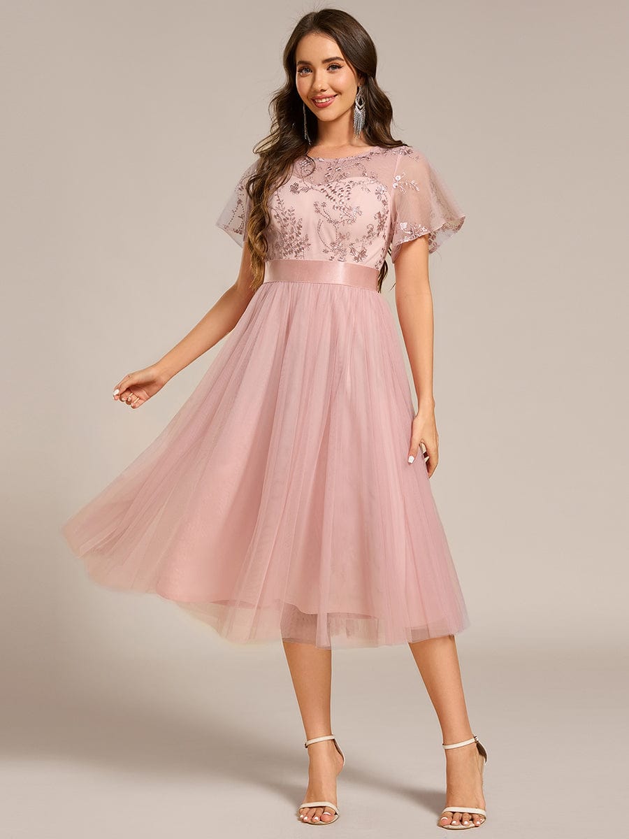 Crew Neck Sequin Applique Midi Bridesmaid Dress with Sleeves