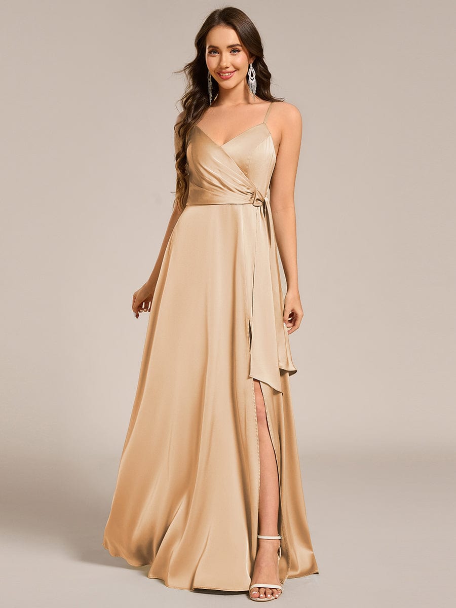 Spaghetti Straps Ruched Satin Bridesmaid Dress with Slit