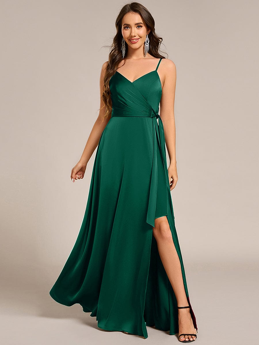Spaghetti Straps Ruched Satin Bridesmaid Dress with Slit