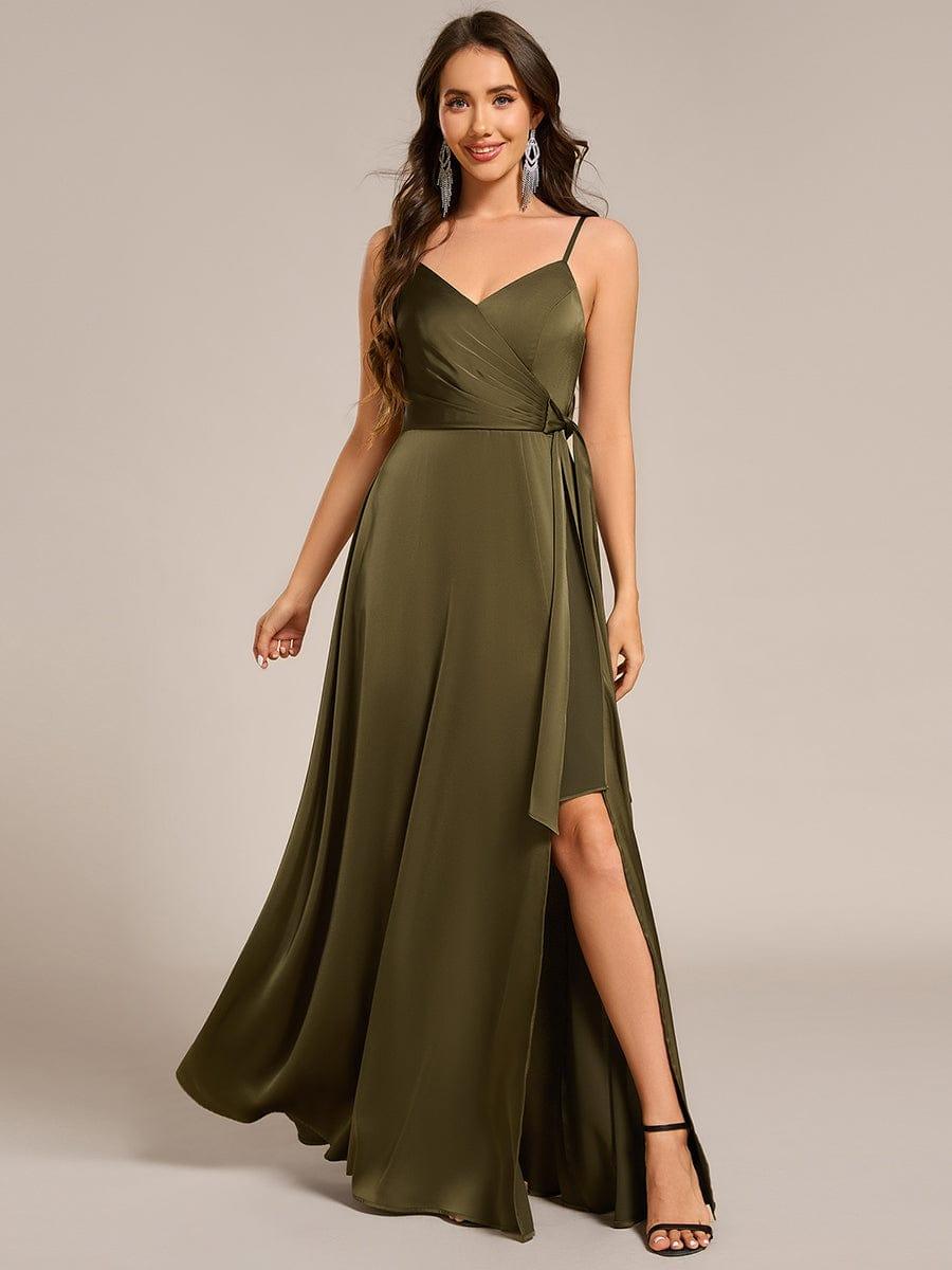 Spaghetti Straps Ruched Satin Bridesmaid Dress with Slit