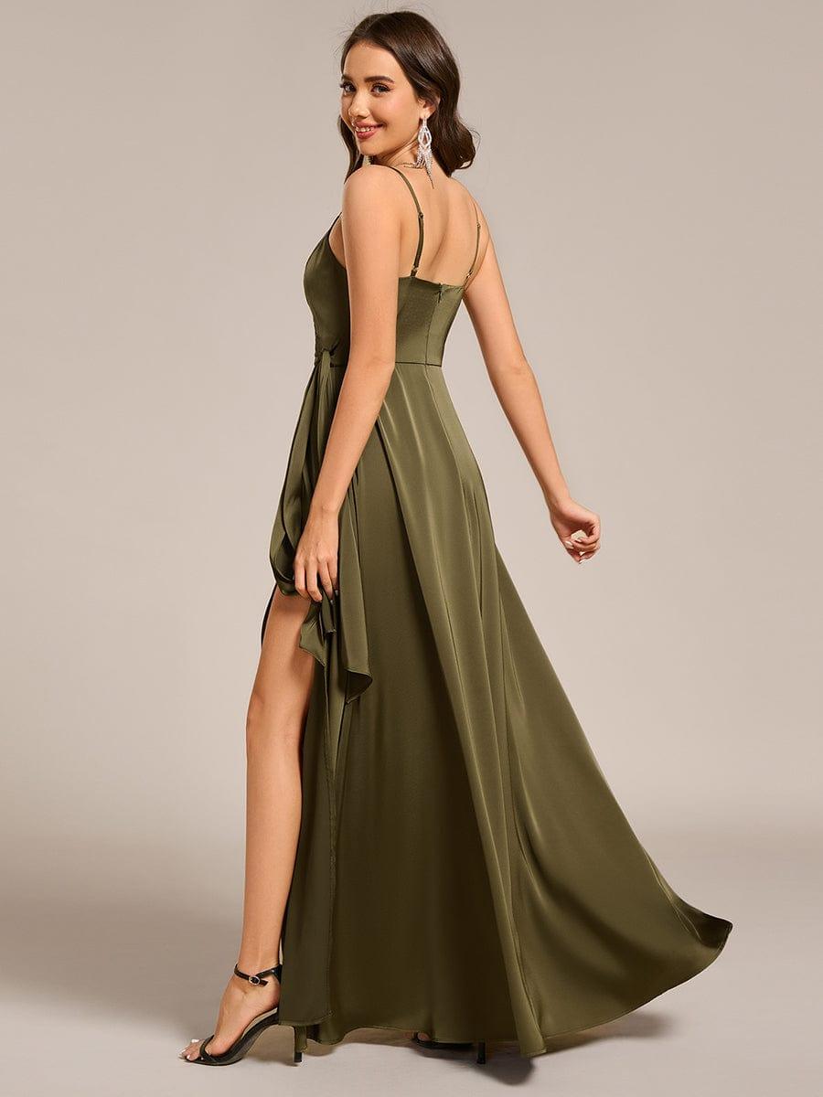 Spaghetti Straps Ruched Satin Bridesmaid Dress with Slit