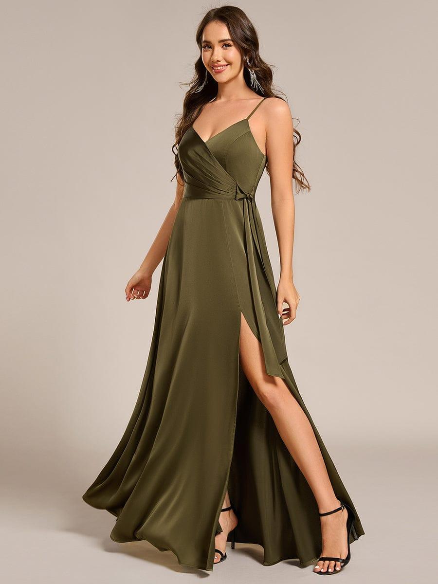 Spaghetti Straps Ruched Satin Bridesmaid Dress with Slit