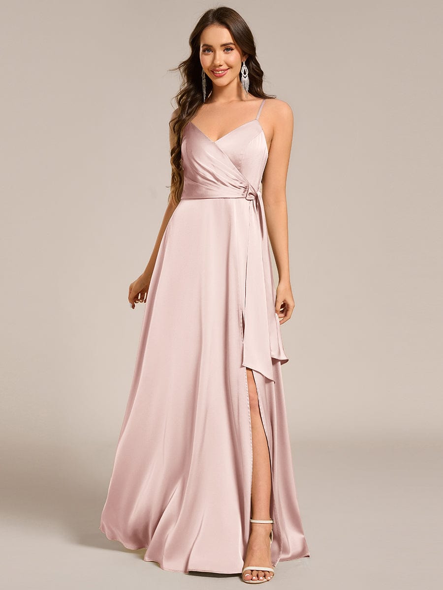 Spaghetti Straps Ruched Satin Bridesmaid Dress with Slit