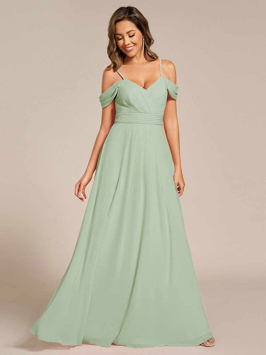 Pleated A-Line Long Bridesmaid Dress with Off-Shoulder