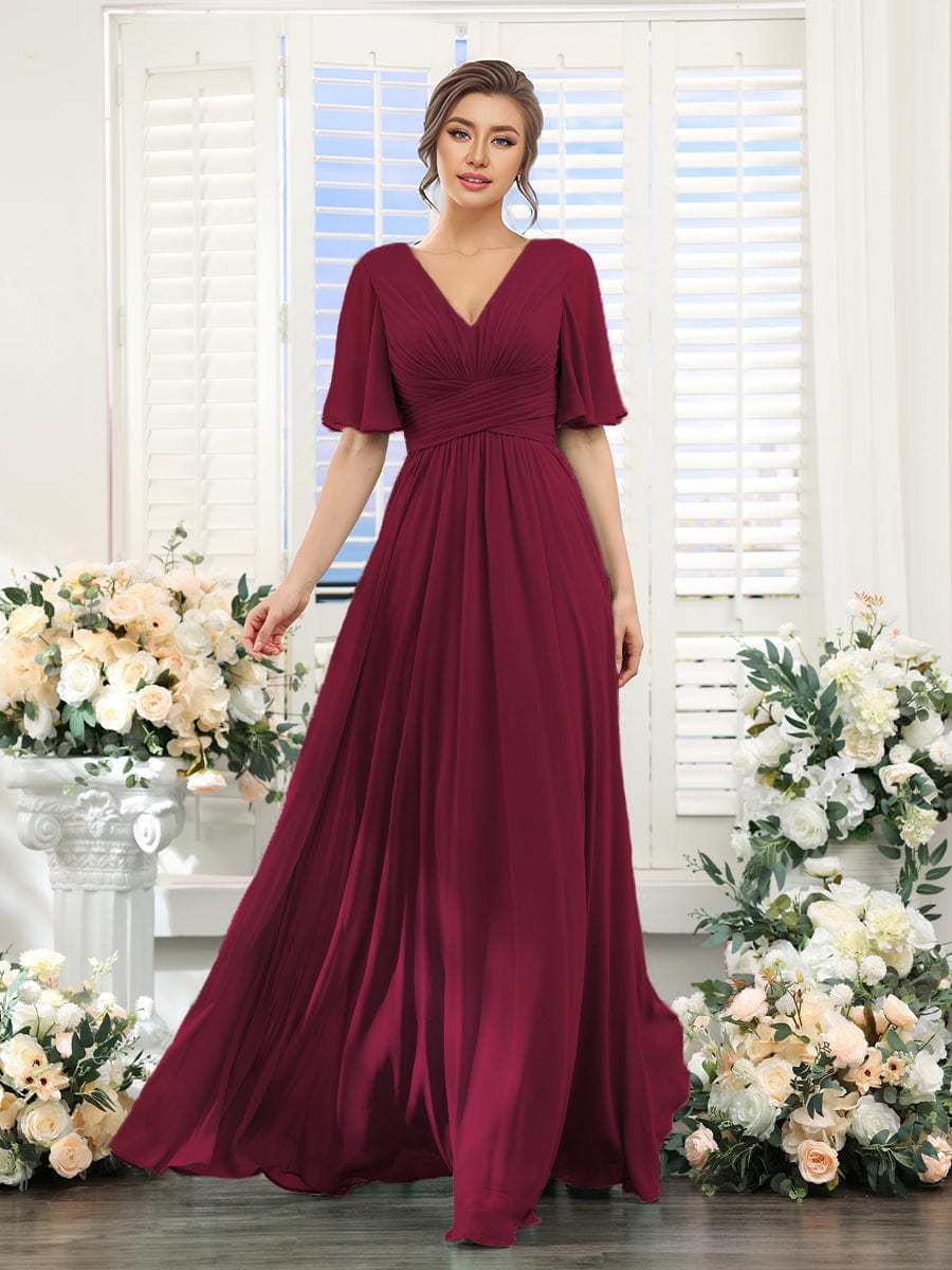 Flowing V-Neck Chiffon Bridesmaid Dress with Short Sleeves