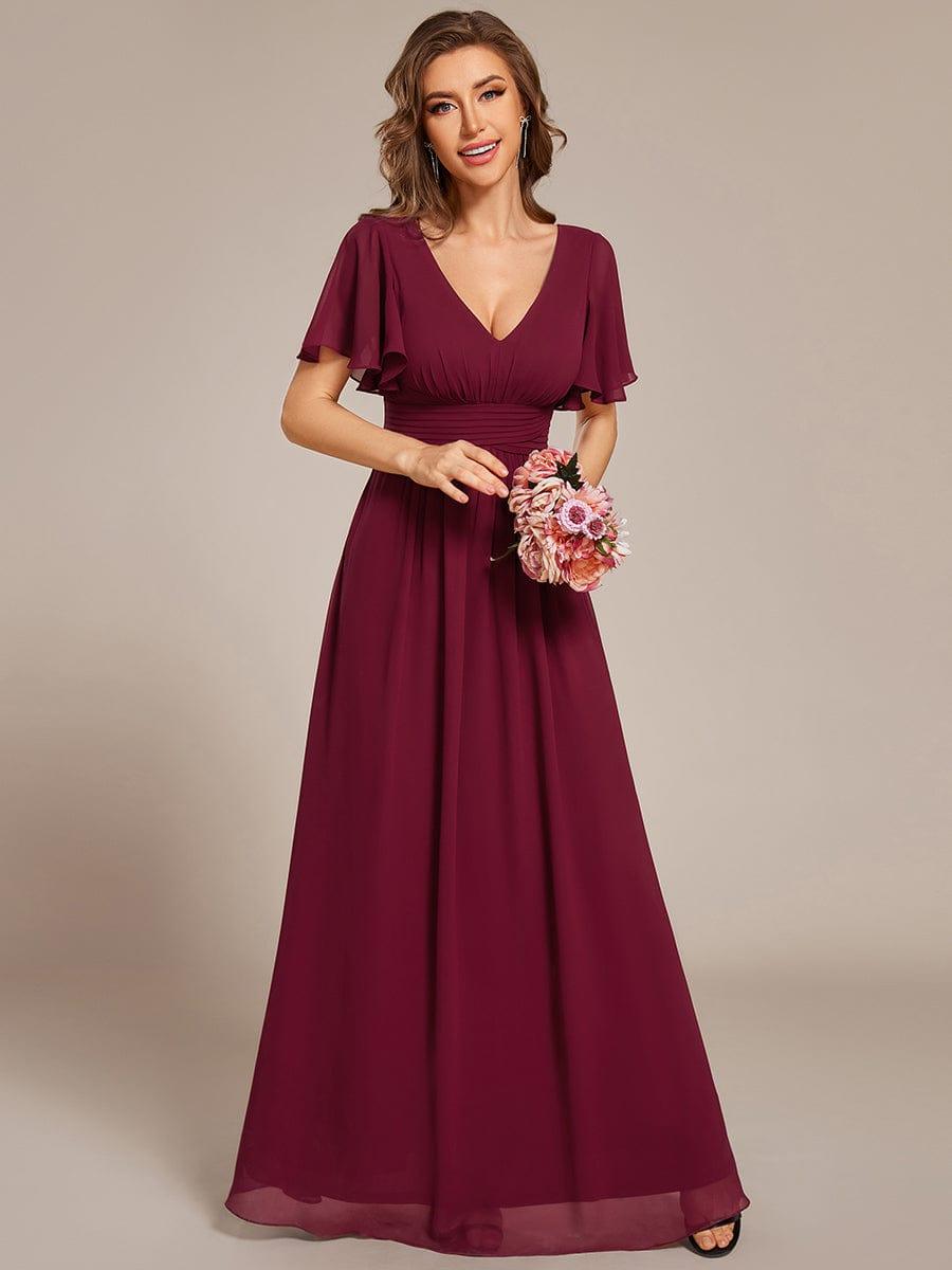 Flowing V-Neck Chiffon Bridesmaid Dress with Short Sleeves