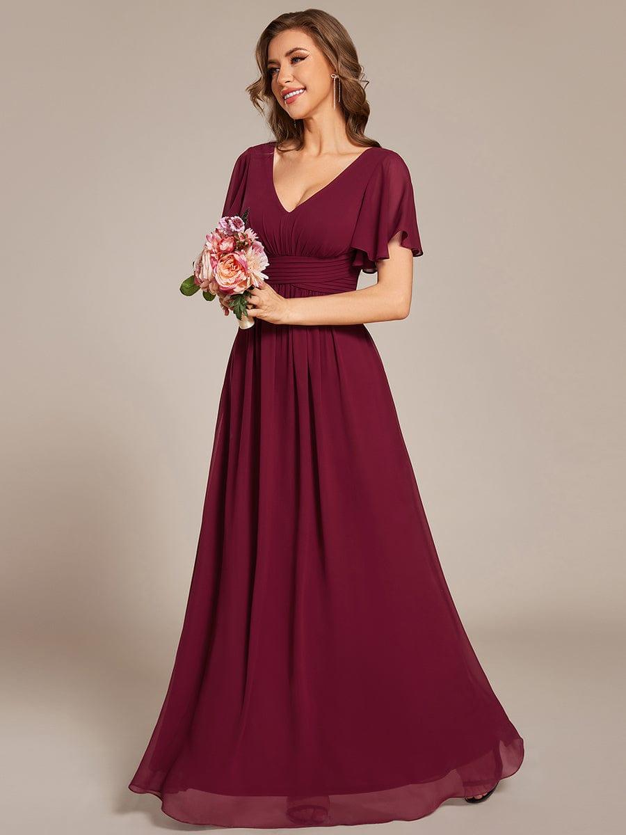 Flowing V-Neck Chiffon Bridesmaid Dress with Short Sleeves