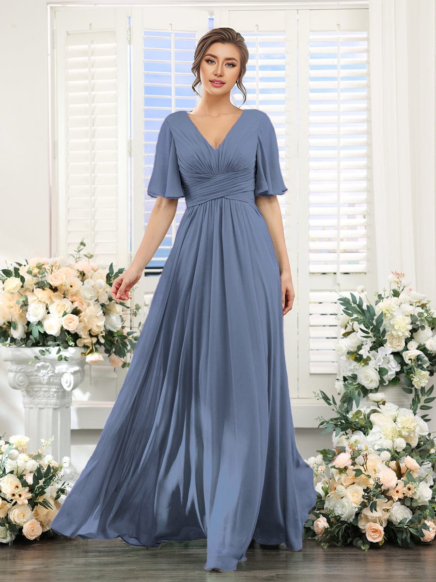 Flowing V-Neck Chiffon Bridesmaid Dress with Short Sleeves