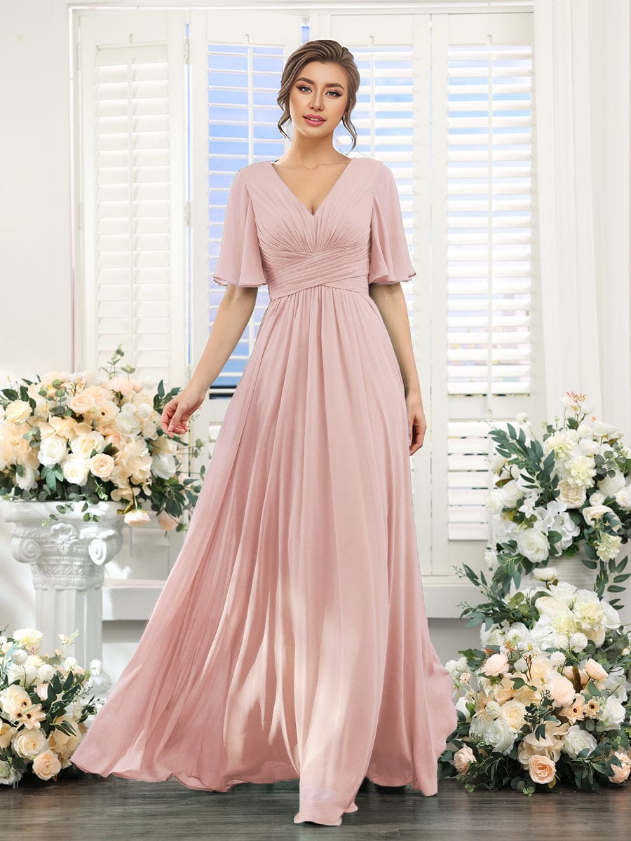 Flowing V-Neck Chiffon Bridesmaid Dress with Short Sleeves