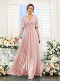 Flowing V-Neck Chiffon Bridesmaid Dress with Short Sleeves