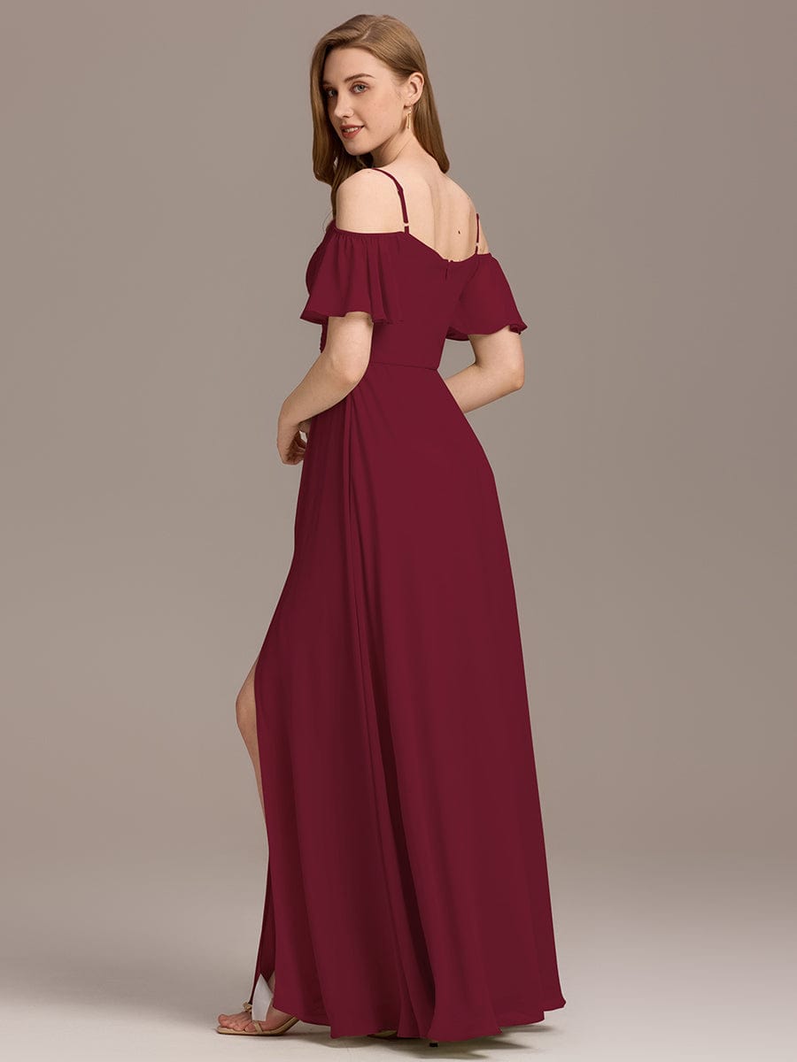 Cold-Shoulder Pleated Chiffon Slit Bridesmaid Dress