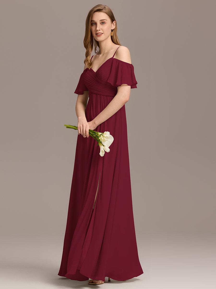 Cold-Shoulder Pleated Chiffon Slit Bridesmaid Dress