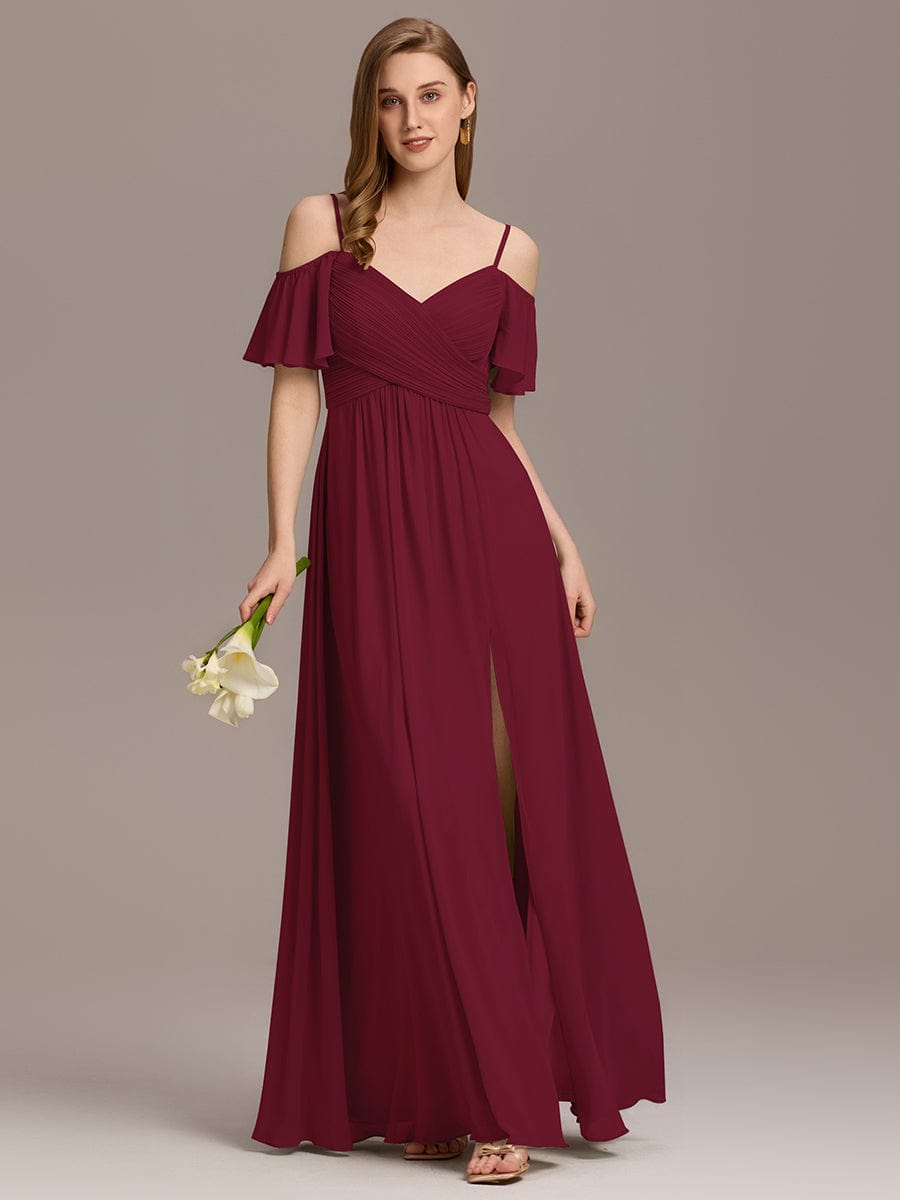 Cold-Shoulder Pleated Chiffon Slit Bridesmaid Dress