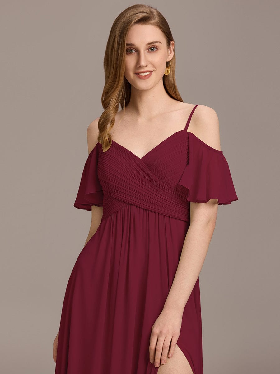 Cold-Shoulder Pleated Chiffon Slit Bridesmaid Dress