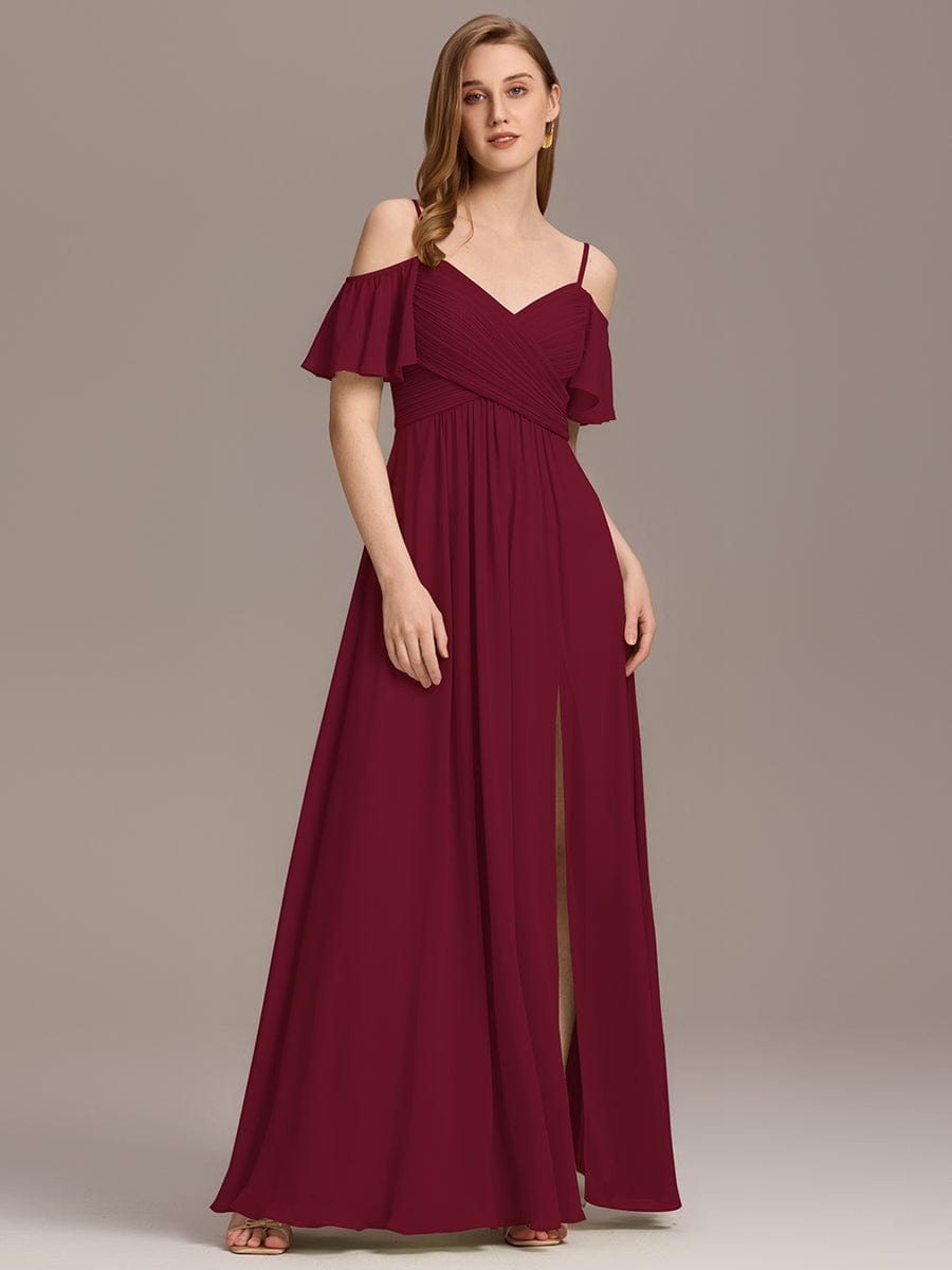 Cold-Shoulder Pleated Chiffon Slit Bridesmaid Dress