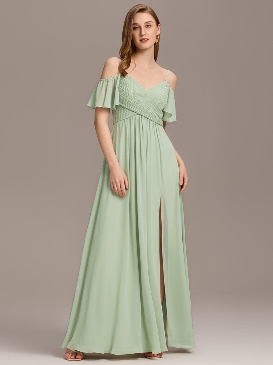 Cold-Shoulder Pleated Chiffon Slit Bridesmaid Dress