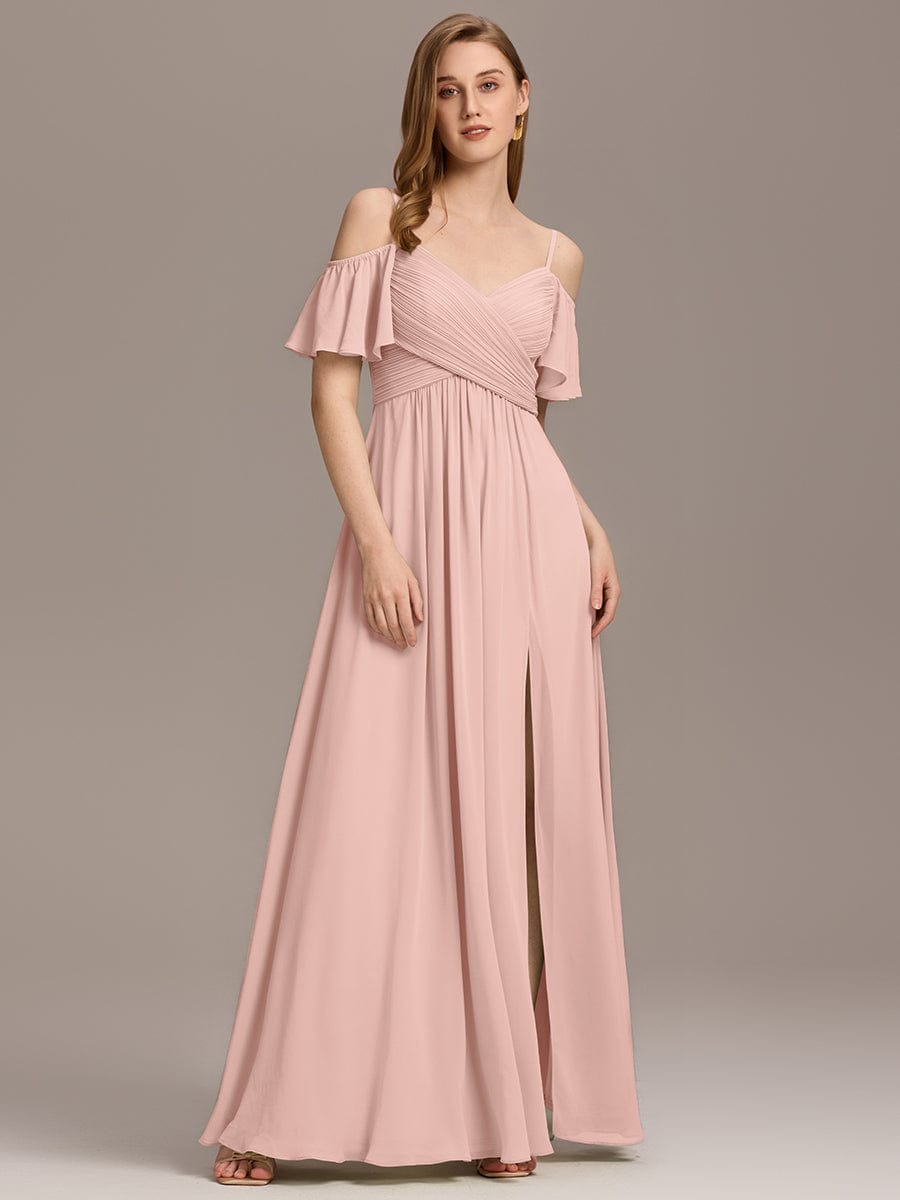 Cold-Shoulder Pleated Chiffon Slit Bridesmaid Dress