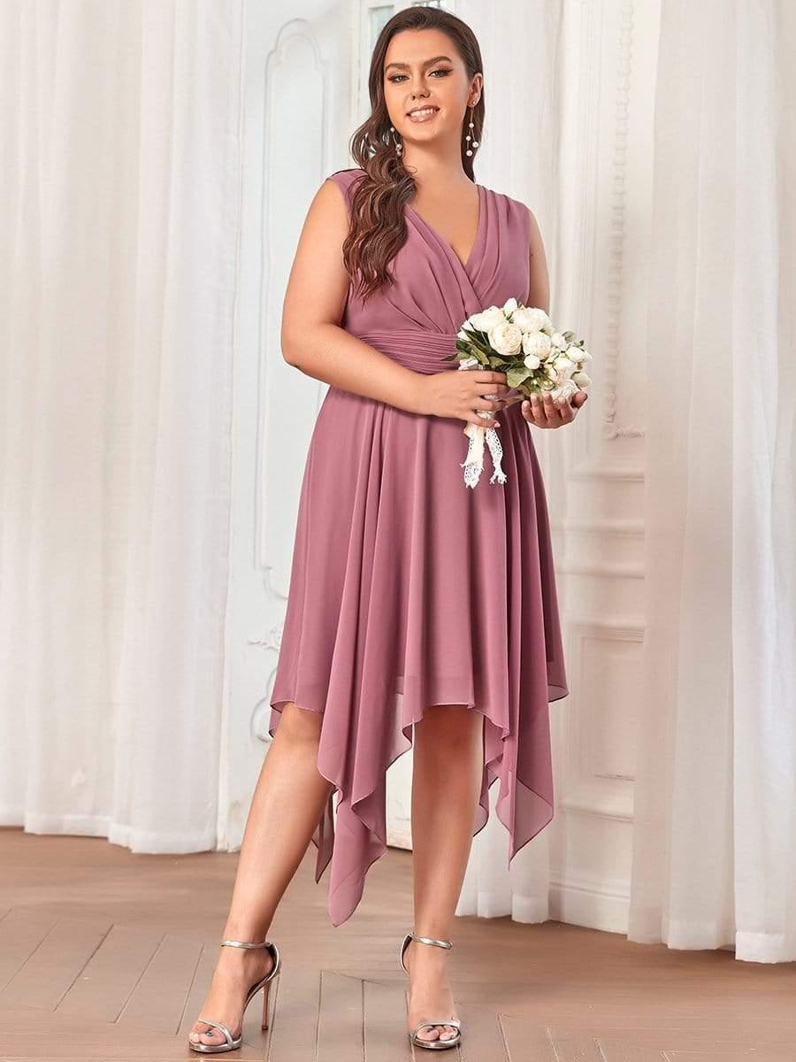 Plus Size V-Neck Pleated Chiffon Bridesmaid Dress with Asymmetrical Hem