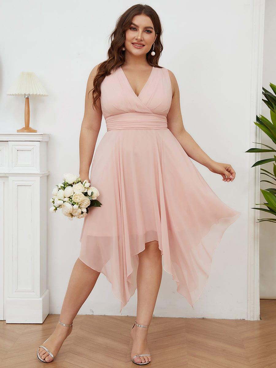 Plus Size V-Neck Pleated Chiffon Bridesmaid Dress with Asymmetrical Hem