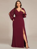 Plus Size V-Neck Slit Bridesmaid Dress with Lantern Sleeves