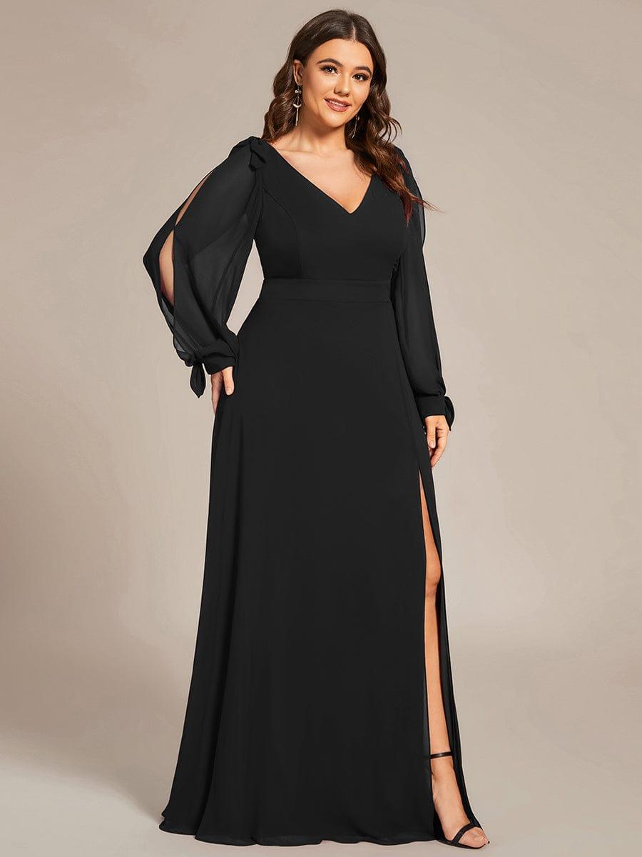 Plus Size V-Neck Slit Bridesmaid Dress with Lantern Sleeves