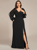 Plus Size V-Neck Slit Bridesmaid Dress with Lantern Sleeves