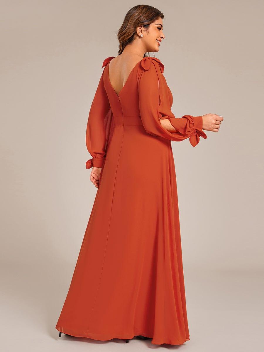 Plus Size V-Neck Slit Bridesmaid Dress with Lantern Sleeves