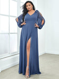 Plus Size V-Neck Slit Bridesmaid Dress with Lantern Sleeves