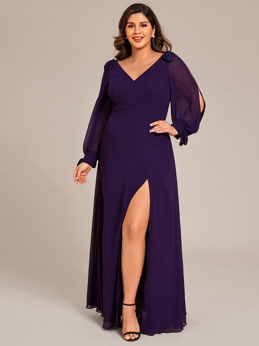 Plus Size V-Neck Slit Bridesmaid Dress with Lantern Sleeves
