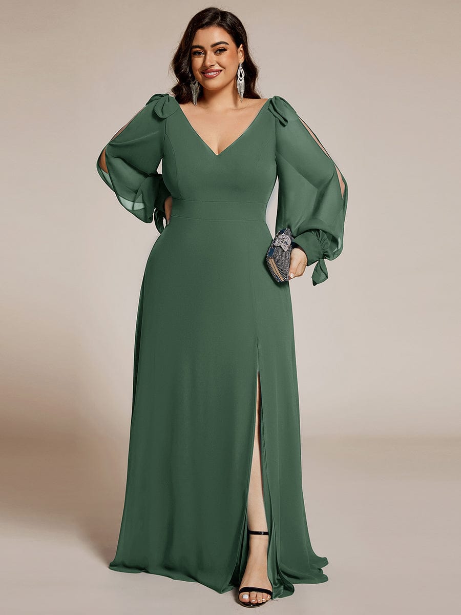 Plus Size V-Neck Slit Bridesmaid Dress with Lantern Sleeves