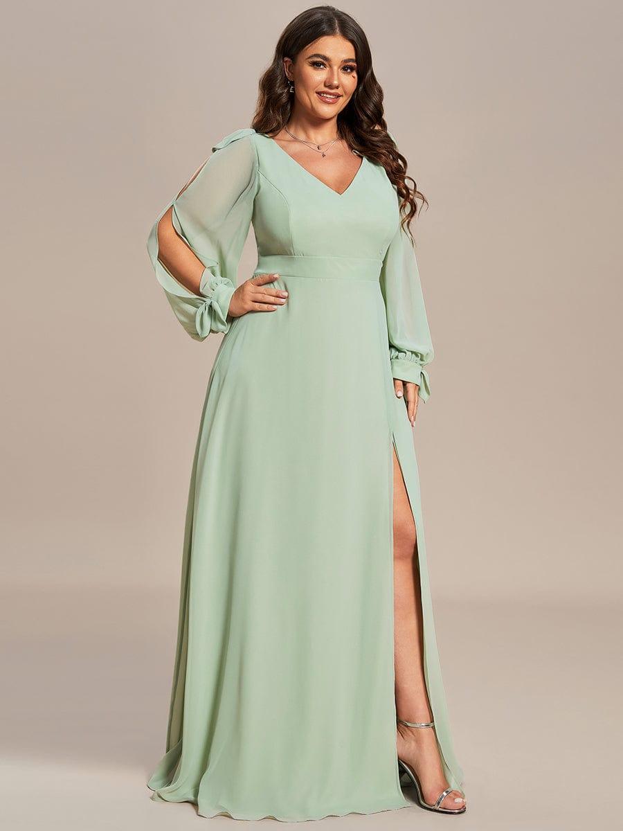 Plus Size V-Neck Slit Bridesmaid Dress with Lantern Sleeves