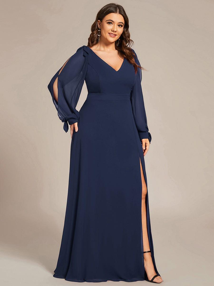 Plus Size V-Neck Slit Bridesmaid Dress with Lantern Sleeves