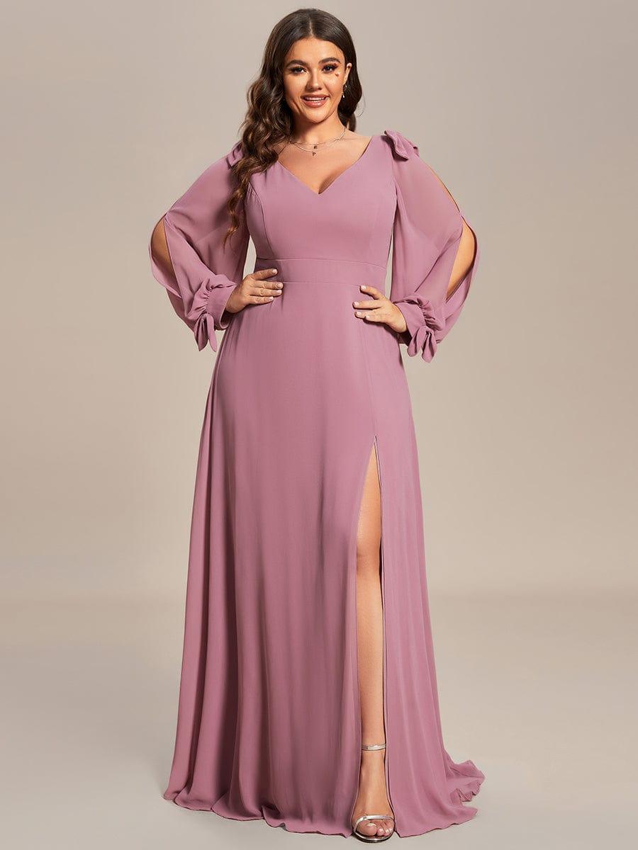 Plus Size V-Neck Slit Bridesmaid Dress with Lantern Sleeves