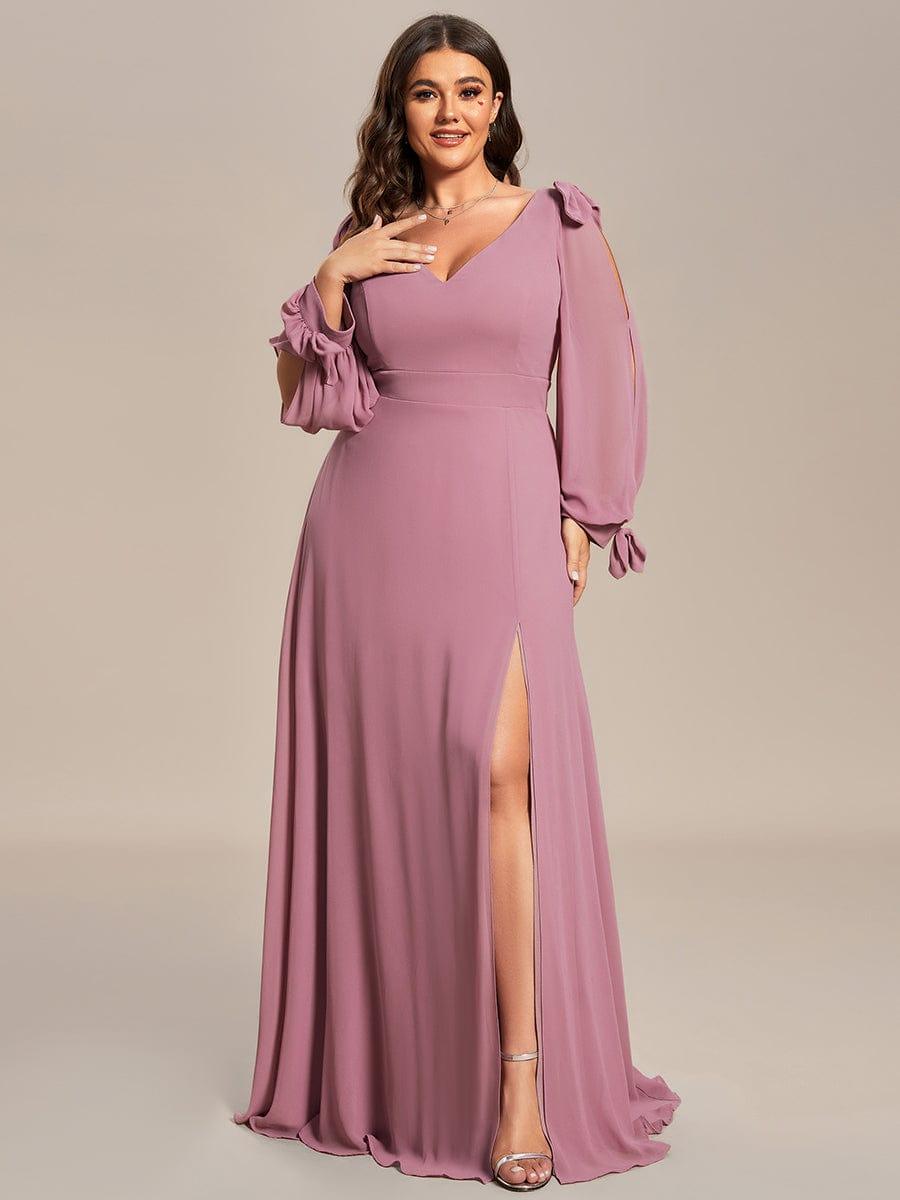 Plus Size V-Neck Slit Bridesmaid Dress with Lantern Sleeves