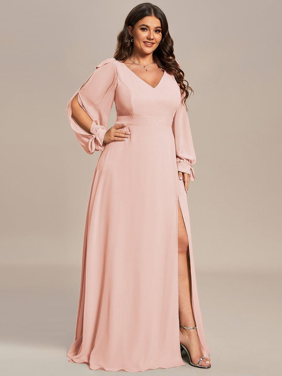 Plus Size V-Neck Slit Bridesmaid Dress with Lantern Sleeves