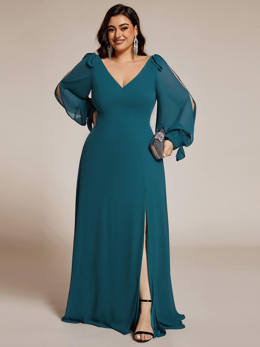 Plus Size V-Neck Slit Bridesmaid Dress with Lantern Sleeves
