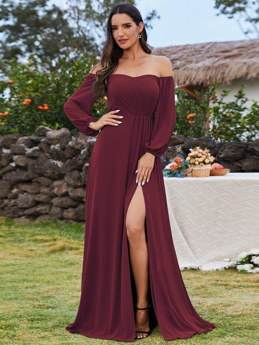 Plus Size Pleated Slit Bridesmaid Dress with Long Sleeves