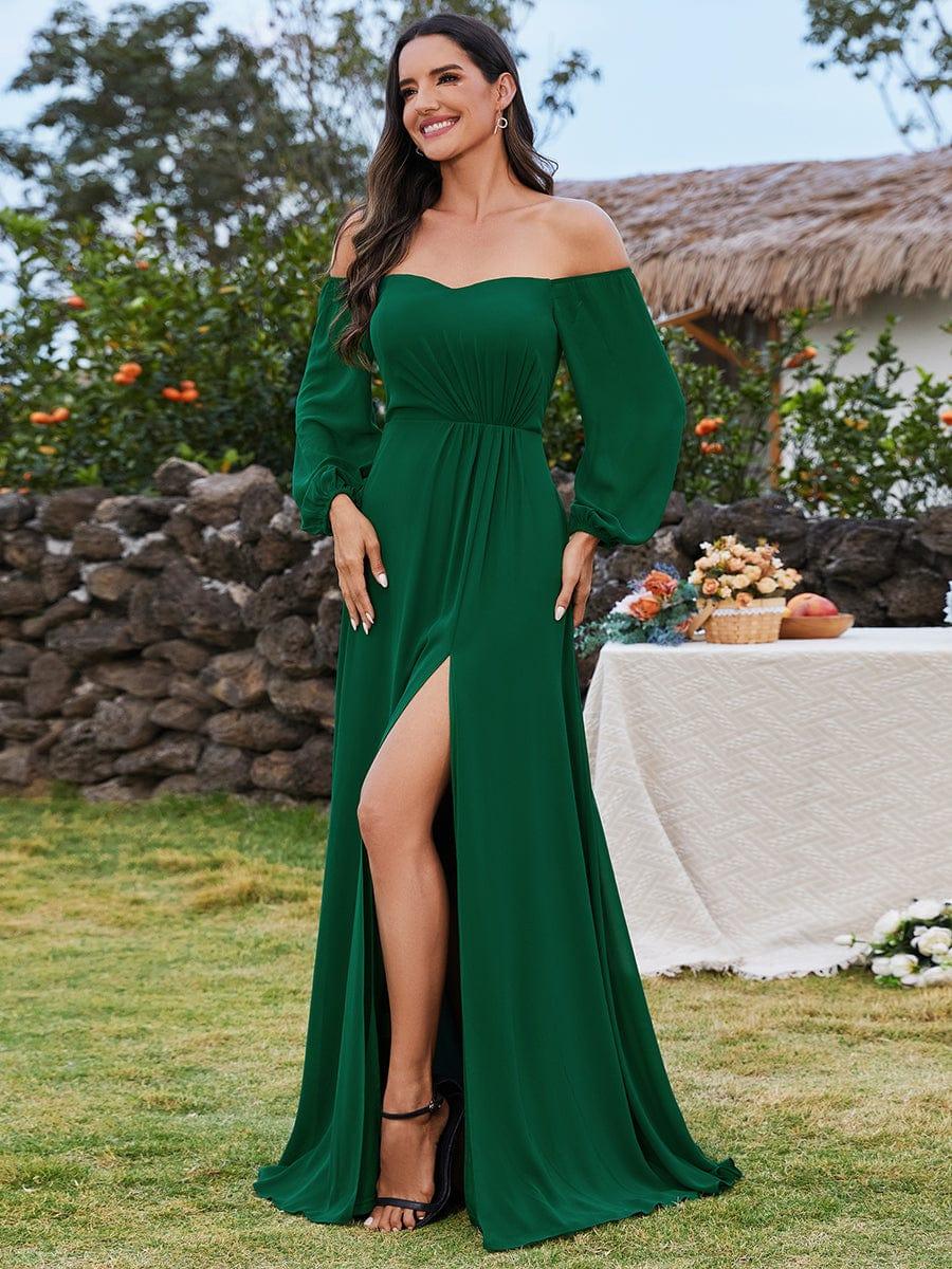 Plus Size Pleated Slit Bridesmaid Dress with Long Sleeves