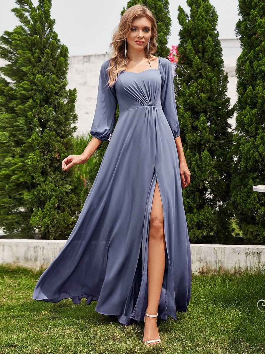 Plus Size Pleated Slit Bridesmaid Dress with Long Sleeves