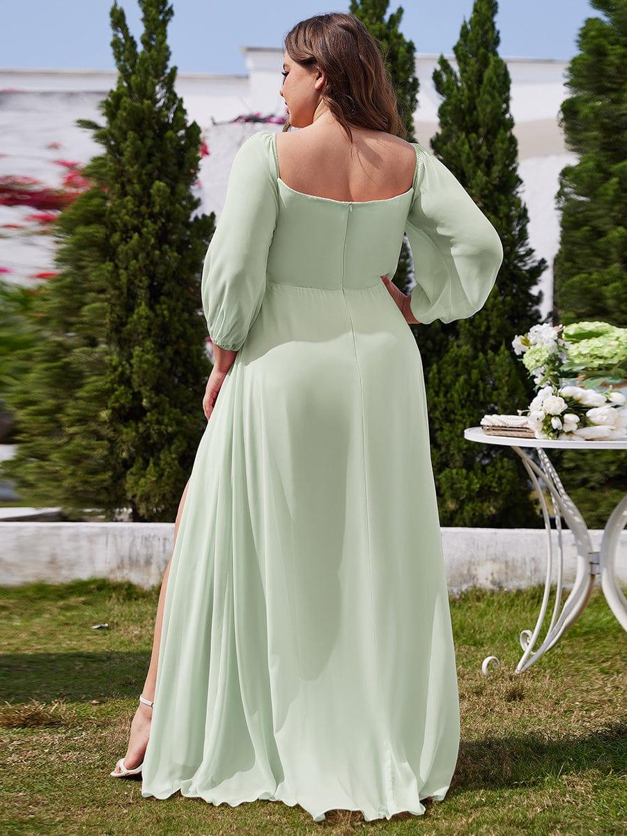 Plus Size Pleated Slit Bridesmaid Dress with Long Sleeves