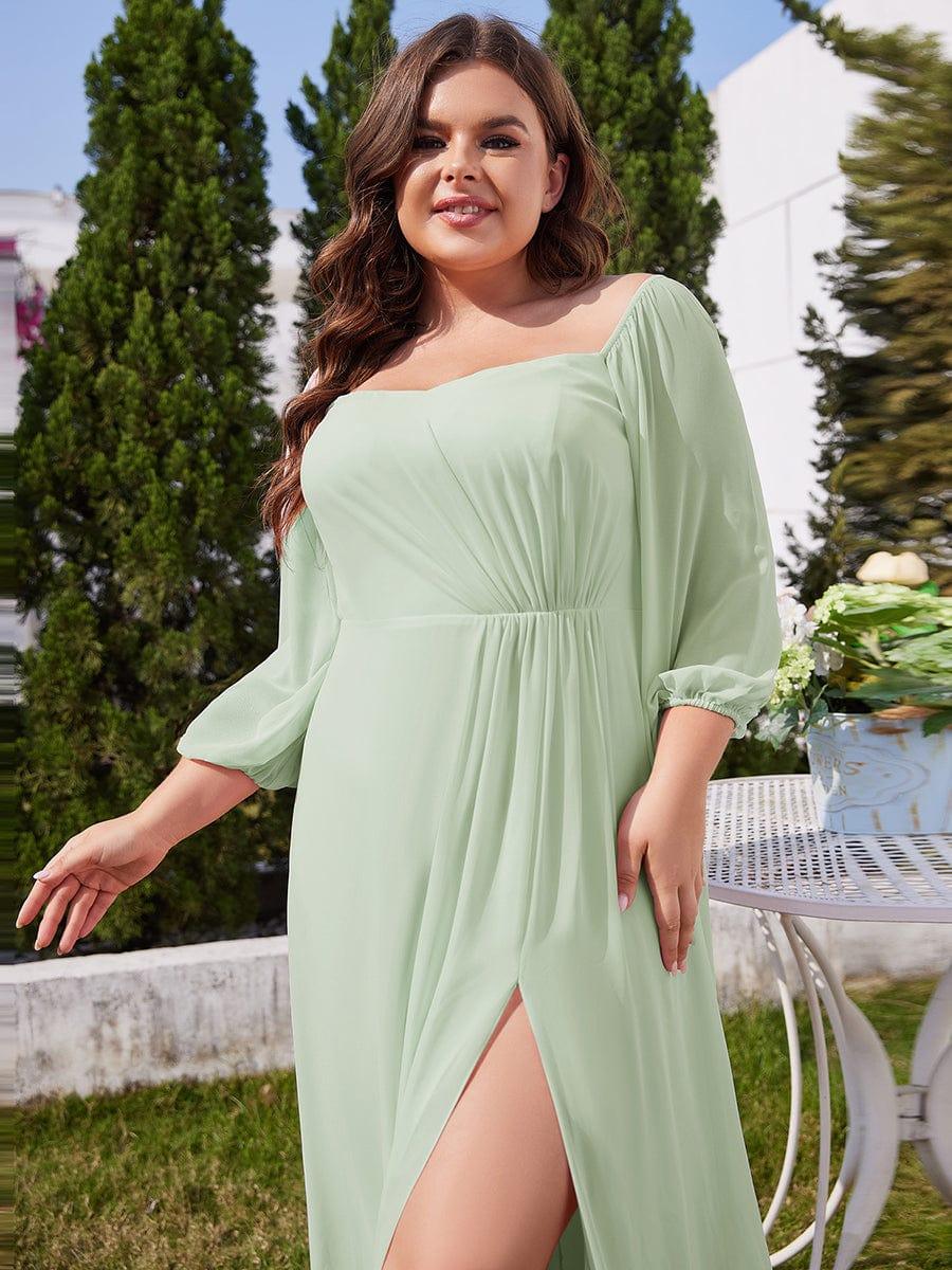 Plus Size Pleated Slit Bridesmaid Dress with Long Sleeves