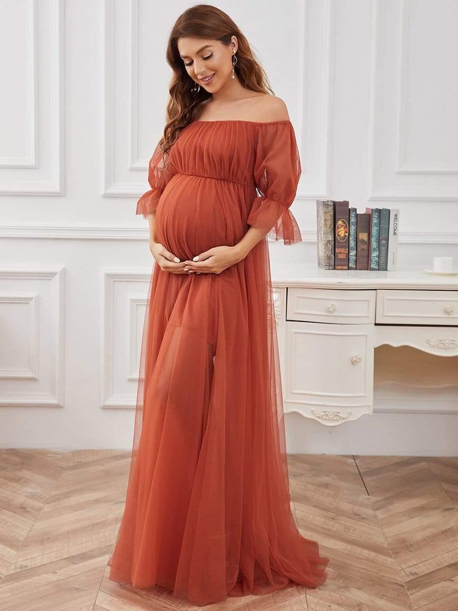 Elegant A-Line Long Maternity Dress with Off-Shoulder