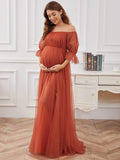 Elegant A-Line Long Maternity Dress with Off-Shoulder